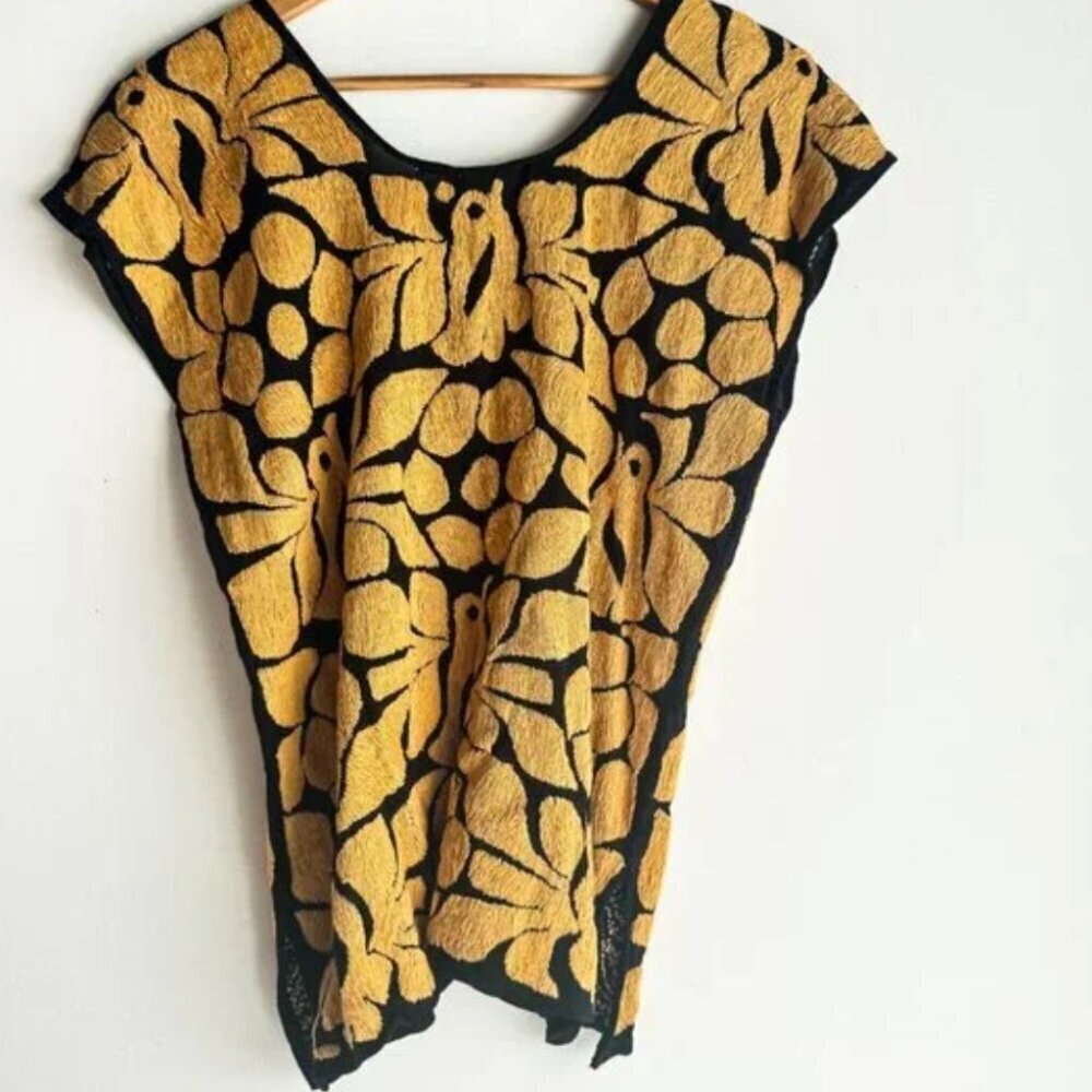 Vintage Fully Embroidered Black Mustard Green Summer Boho Top S - Picture 2 of 5